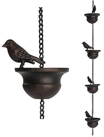 Yeruvce 1 Piece Rain Chains for Gutters Mobile Birds on Cups Rain Chimes with Attached Hanger and Birds