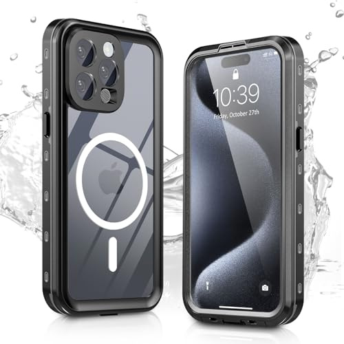 Hertekdo iPhone 15 Pro Max Waterproof,IP68 Waterproof Case for iPhone 15 Pro Max Underwater Full Sealed Cover, Impact Resistant TPU Case with Kickstand, Built-in Clear Screen Protector