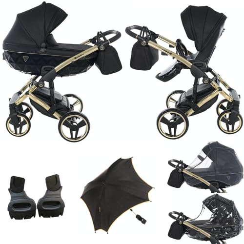 Neuheit! Original Junama Diamond S Line V3 Modulare Systeme Kombikinderwagen 2in1 + Original Adapter Exclusive Prams (02 schwarz - gold)