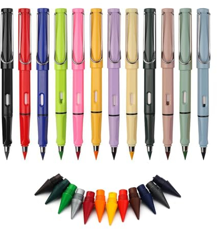 12 Stück Ewiger Bleistift Buntstifte, mit 12 Ersatzspitzen, Wiederverwendbar Unendlicher Bleistift, Unbegrenztes Schreiben auswechselbarem Graphitstift, für Studentisches Künstlerzeichnen Schreiben