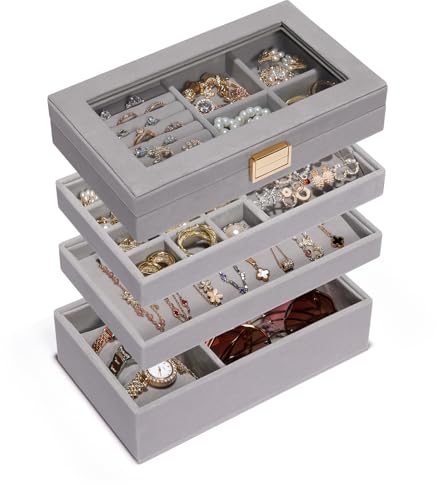 Seelux Schmuckablage, stapelbare Schmuckbox, Schubladen-Schmuckorganizer mit Glasdeckel, herausnehmbaren Trennwänden für die Schminktisch, Geschenkidee für Mädchen und Frauen (Grau)