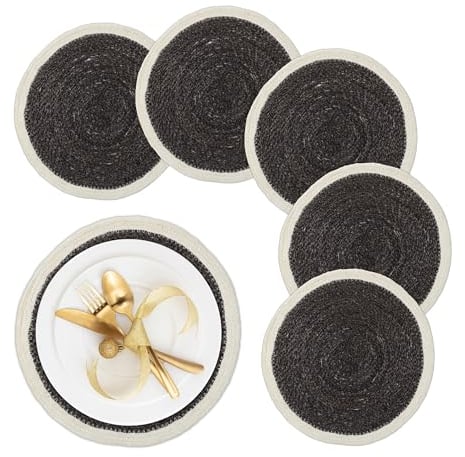 Relaxdays Tischset, 6-teilig, geflochten, Seegras, Ø 37 cm, rundes Platzset für Esstisch, Platzdeckchen, schwarz/Creme