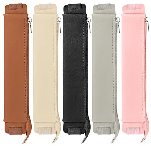 5 Pack Pen Holder for Notebook, PU Leather Pen Pouch with Adjustable Elastic Band and Zipper Leather Pencil Case Detachable Pen Sleeve Planner Bible Accessories for Hardcover Journals, Binders, Tablet