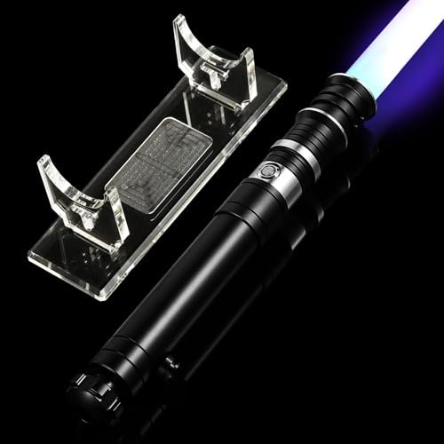 AthlChamp Sabre Laser de Duel Lourd à détection de Mouvement pour Adultes, avec poignée en métal Robuste, Lame épaisse en PC, 16 Polices sonores, 12 Couleurs RVB et Support en Acrylique - Noir