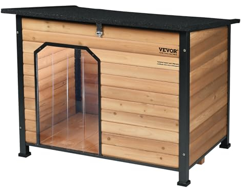VEVOR Hundehütte für draußen, wasserdichte, Hundehaus mit erhöhtem Boden, bissfeste Hundehöhle aus Holz mit Eisenrahmen für den Außenbereich, offenes Dach, für mittelgroße bis große Hunde