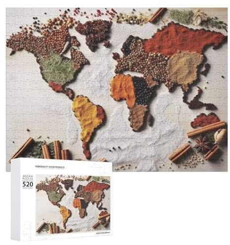 Weltkarte aus Gewürzen, personalisiertes Bilderpuzzle, 520 Teile, Holzpuzzle, anspruchsvolles Fotopuzzle für Hochzeit, Geburtstag, Valentinstag, Geschenke, 52,1 x 35,6 cm