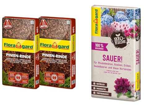 Floragard Mulch Pinienrinde 15-25 mm 2x60 L • mittel • dekorativer Bodenbelag • unterdrückt Unkrautwuchs • naturbelassen • für mediterranes Flair • 120 L & Bio-Erde Sauer 1x40 Liter