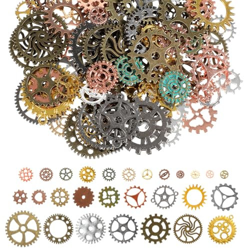 AOZUO 70pcs Steampunk Zahnrad Deko, Zahnräder Zahnstange Mit Zahnrad Steampunk Deko Metal Gears Verschiedene Farbe Steampunk Gear Charms Dekor DIY Antike Steampunk Uhren Gear Charms für Handwerk