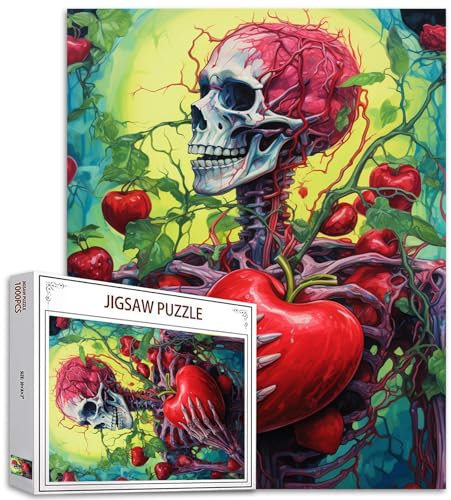 Schädelpuzzle für Erwachsene 1000 Teile,Grüne Rebe Skelett Halloween Jigsaw Puzzle,Horror Skelett Puzzle Herausfordernde Puzzles Erwachsene Roter Apfel Kunsthandwerk Skelett Anatomie Krankenschwester