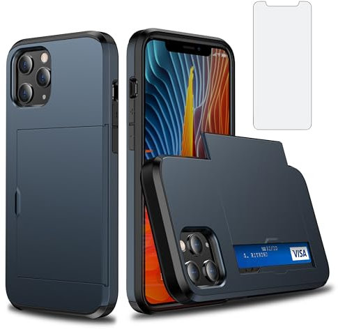 Asuwish Phone Case for iPhone 12 Pro iPhone12 6.1 inch with Tempered Glass Screen Protector Cover and Accessories Card Holder Slot Hybrid Rubber Cell iPhone12pro 5G i 12s 12pro Women Men Navy Blue
