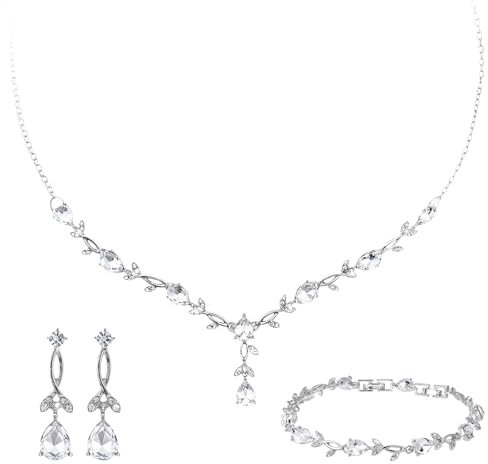Yolev 2 Stück hochzeitsschmuck Braut Silber Schmuck Set für Damen Brautschmuck Set Strass Halskette Dangle Ohrringe Glänzendes Armband Hochzeit Party Braut Brautjungfer Schmuck