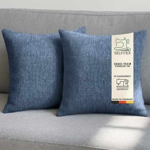 Selfitex 2er Set Sofakissen 40x40 cm, inkl. Füllkissen, gewebter Canvas Stoff, Matte & strukturierte Oberfläche, weiche Füllung aus PUR-Sticks, in Handarbeit hergestellt – Made in Germany (Blau)