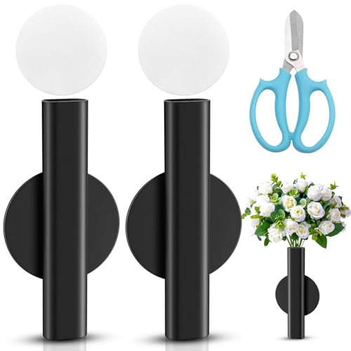 GZhaimai 2 Stück Wandvase, Eisen Vase Wand für getrocknete Blumen und Faux Grünpflanzen, mit Blumenschere und Doppelseitiges Klebeband(16 × 7 cm, Schwarz)