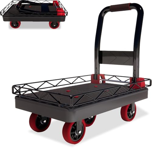 NiceyCare 2IN1 Schwerlast-Plattformwagen, Flachbettkarre, 106×66CM, Tragfähigkeit 1000KG, mit Abnehmbarer Stahlstange, Faltbarer Käfigkarre, leisen TPR-Rädern für Lager, Werkstatt oder Zuhause