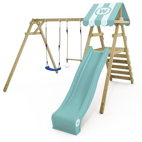 WICKEY Portique Smart Ace avec Toboggan Bleu Pastel, Balançoire Double et Échelle en Bois pour Enfants dans Le Jardin