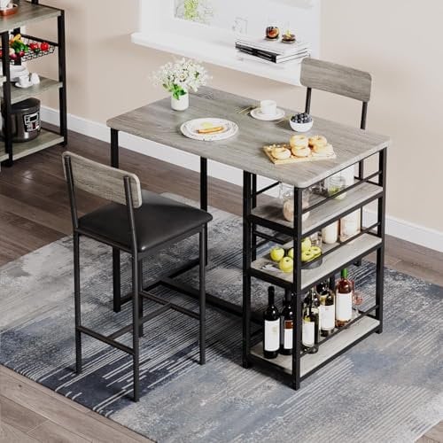 Garvee Bartisch Set 3-Teilig Stehtisch Esstisch mit 2 Stühlen Essgruppe mit Rückenlehne Küchentisch mit 3 Ablagen für Esszimmer Küche Bistro Grau