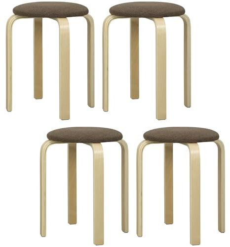 HOMCOM Juego de 4 Taburetes Apilables Redondos Taburetes Bajo de Cocina de Madera con Asiento Acolchado para Comedor Dormitorio Oficina Salón Marrón y Natural