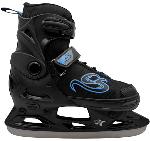 Cox Swain verstellbare Schlittschuhe Crystal, Eislaufschuhe für Kinder, Jugendliche und Erwachsene bis 100KG, vorgeschliffene Edelstahlkufe, Softboot, Black/Blue Gr. XS (29-32)