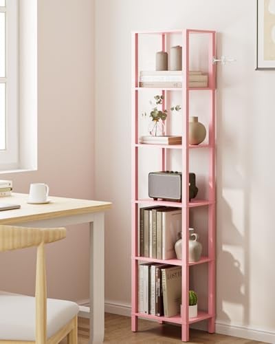 Apetaccat Bücherregal, Regal Schmal mit 6 Ebenen, Küchenregal mit offenen Regalen, 38 cm x 27 cm x 167 cm, Standregal für Wohnzimmer, Büro, Arbeitszimmer, Rosa