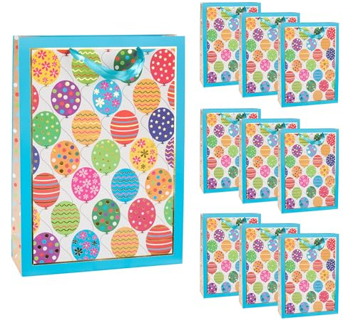 Idena 90537 - Geschenktüten Ballon, 10 Stück, Geschenktaschen in der Größe 34,5 x 25 x 8,5 cm, Papiertüten mit buntem Geburtstags-Motiv