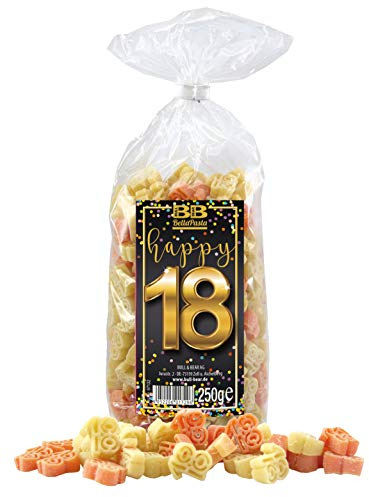 Bull & Bear Pasta bunte Geburtstags-Nudeln “18” 250g, Motivnudeln handgefertigt, Geschenk