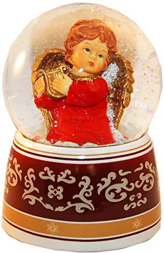 Schneekugel Engel rot verträumt - Sockel mit Ornamenten - mit Spieluhr „Wassermusik 140mm hoch - 20033