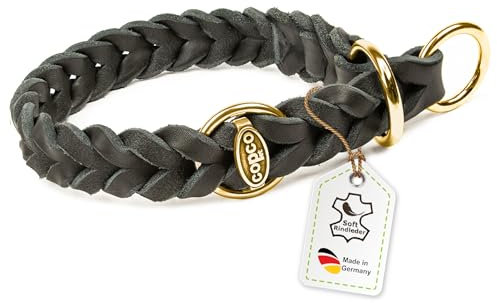 CopcoPet Hundehalsband Würger 55–60 cm x 25mm Schwarz – Geflochtenes Halsband mit Zugstopp & Messing Ring – Aus robustem Fettleder – Für große Hunde – Weiches Lederhalsband fürs Training