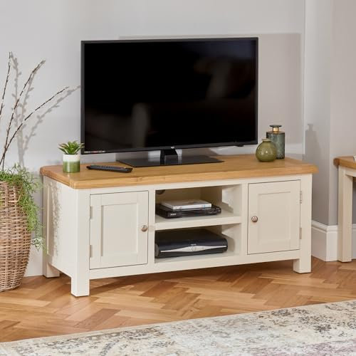 Cotswold Cream Painted Large Widescreen TV Unit with Oak Top - Premium Quality Cream Painted TV Stand - Natural Oak Top with Satin Lacquer - Brushed Steel Handles - H 500mm x W 1200mm x D 450mm