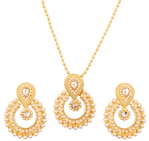 Touchstone Indischer Bollywood Elite Mughal Kundan Polki Look Chandbali Mond Faux Perlen Braut Designer Schmuck Anhänger Set für Damen Goldton