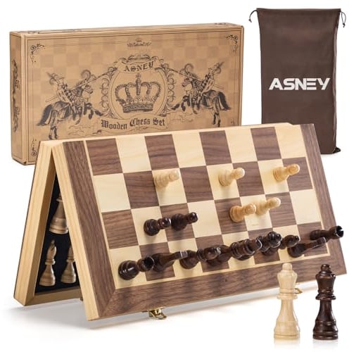 ASNEY Magnetic Chess Set, 15 Inches Tournament Staunton Wooden Chess Board Game Set with Crafted Chesspiece for Kids Adult, with Extra Kings Queens Carry Bag