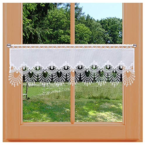 Feenhaus-Scheibengardine Nastja aus Vogtländischer Spitze - Landhaus-Scheibenhänger mit Fächerspitze weiß | klassische Spitzengardine handgefertigt | rustikal-moderne Bistro-Gardine HxB 26 x 67 cm