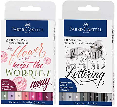 Faber-Castell 267124 Tuschestift Pitt Artist Pen Lettering, 8er Etui Rosatöne + 8er Etui Starter Set