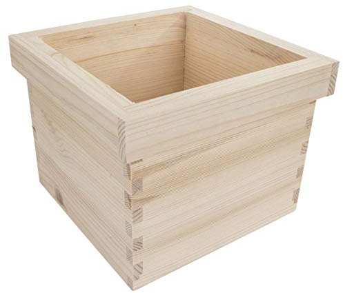 WooDeeDoo Fioriera quadrata media in legno, con bordo decorativo, per interni, rustico, in legno di pino grezzo, per davanzale, vetrina, pittura fai da te, 20 x 20 x 15 cm