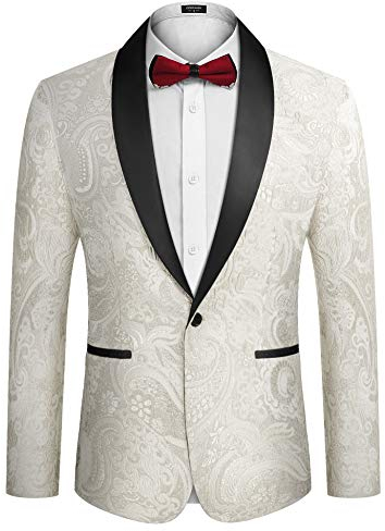 COOFANDY - Giacca da Smoking Floreale da Uomo, Lussuosa, Ricamata, Abito da Sposo, Abito da Sera per Feste e cene, Bianco, M