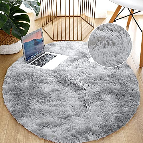 Leesentec Teppiche Runde Schlafzimmer Teppiche Wohnzimmer Anti-Rutsch-Weich Flauschiger Teppich Zottelige Fußmatten Groß für Flur (weiß/grau, 160cm)
