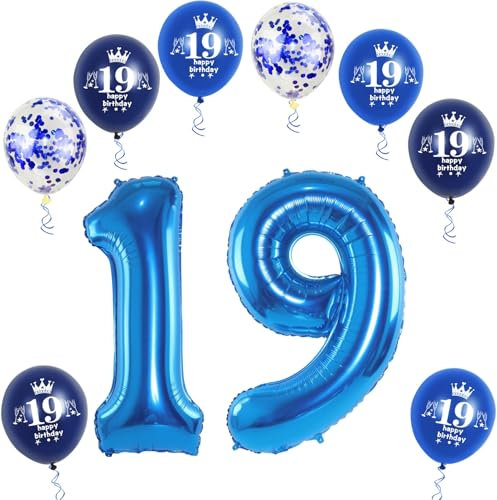 XL Folienballon 19 Geburtstag, Folienballon Zahl 19, Zahl 19 Blau, Luftballons 19, Nummer 19 Luftballon Blau, 32 Geburtstagsdeko Ballon 19