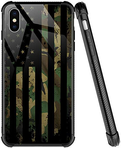 ZHEGAILIAN Case Compatible with iPhone Xs Max,Organic Glass Cover for Girls Women Men,Four Corners Desgin Anti-Scratch Shockproof Case for iPhone Xs Max,Camo Flag Black