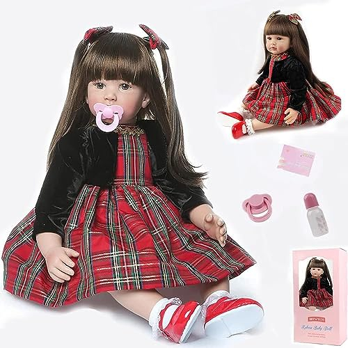 ZIYIUI Reborn Baby Puppe Mädchen 60 cm Reborn Babies Puppen aus weichem Silikon Vinyl realistisch Karierter Rock für langes Haar Kleinkind Spielzeug Geschenke für Kinder ab Reborn Babys