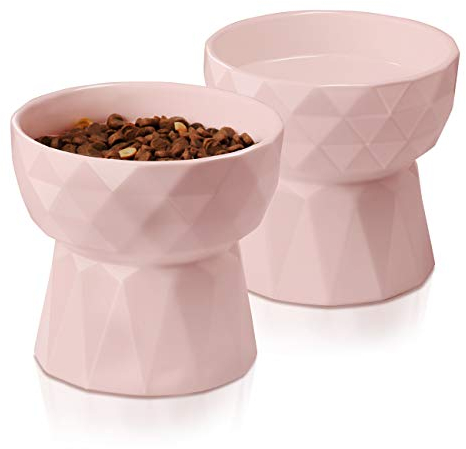 Frewinky Cat Bowls,Ceramic Cat Bowls Anti Vomiting,Raised-Cat Food and Water Bowl Set for Cats and Small Dogs,13.5 Oz,Pink