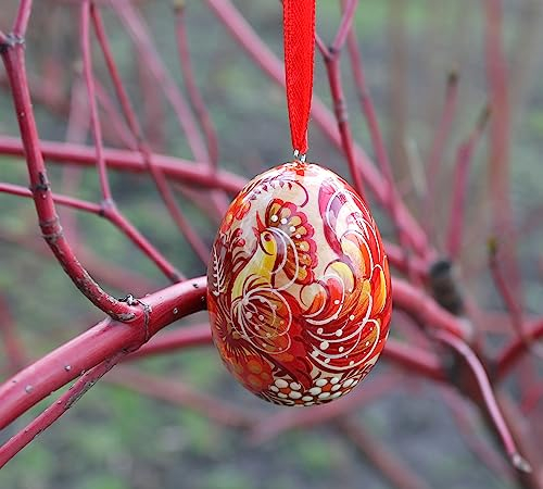 Handbemaltes Osterei zum Aufhängen mit dem Vogel und Blumenmuster aus Holz 6-7 cm, Ukrainische Pysanky Ostereier mit Petrykiwka-Malerei
