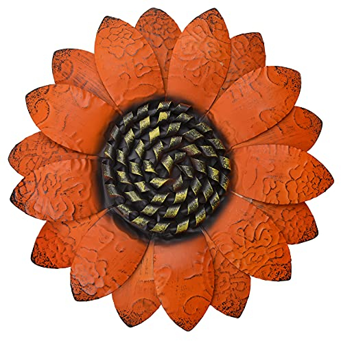 EASICUTI Orangene Sonnenblume Metall Blumen Wanddekoration Metall Wandkunst Dekorationen zum Aufhängen für Innen Außen Zuhause Badezimmer Küche Schlafzimmer Wohnzimmer Garten Terrasse Veranda 33 cm