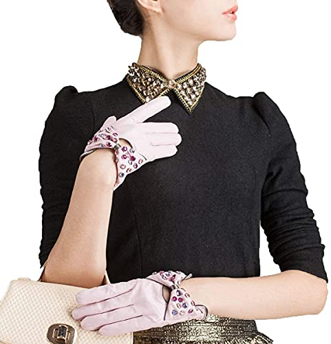 GHCXY Unisex-Erwachsene Fäustlinge Damen kurz Mode Winter einfache Handschuhe Leder warm glamourös eingelegte künstliche Diamanten Einfarbig Fäustlinge Pink M