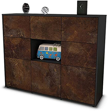 Stil.Zeit Highboard Kommode Silvia, Korpus anthrazit matt, Front Industrie-Design Rost (136x108x35cm), Push-to-Open Technik & Leichtlaufschienen