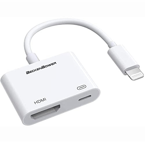 BeckenBower HDMI Adapter for iPhone to TV,1080P Digital AV Adapter to TV/HDTV/Monitor/Projector,Sync Screen HDMI Connector for iPhone 13 12 11 & iPad Compatible with All iOS (Power Supply Needed)