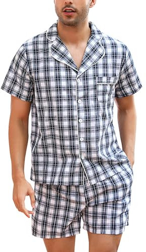 Irdcomps Pyjama Homme Coton Été Court Ensembles de Pyjamas Plaid Ete Vêtements De Nuit Carreaux Vêtements de Détente à Manches Short Pyjama Loungewear Deux Pièces Confortable Doux Bleu+Blanc1 XXL