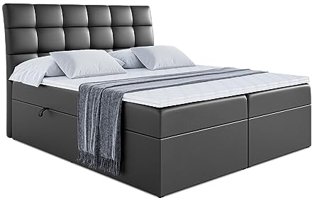 ALTDECOR Boxspringbett mit Multipocket-Matratze H4 (20 cm hoch) mit Kokosmatte, Kunstlederbett, Topper (4 cm hoch), Polsterbett mit Kopfteil und Bettkasten - BRUGO - 120x200 - Schwarz Kunstleder