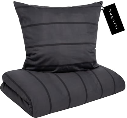 Bugatti Bettwäsche 155x220 cm - Satinbettwäsche anthrazit/schwarz, 100% Baumwolle, 2 teilig mit Reißverschluss
