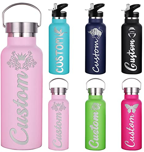 Personalised Stainless Steel Water Bottles with Straw Customised Insulated Water Bottle Engraved with Name or Text (350ml/750ml, 7 Colours)