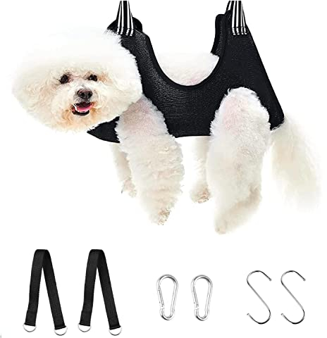 Dog Grooming Hammock, Pet Nail Trimming Harness for Dog and Cat, Pet Holder Grooming Sling, Breathable Restraint Holder for Small Pet Nail Cutting, Claw Care, Ears Care Washing, Bathing (Black)