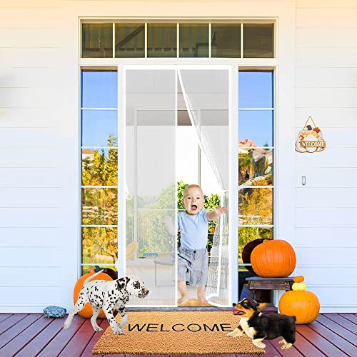 Pet Magnetic Door Screen Mesh Dog Cat Proof Pet Resistant Door Curtain, 120 x 190 cm for Front Patio Doorway, Mesh Door Screen Net Magnetic Closure【White】